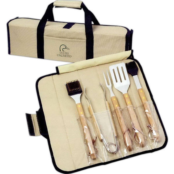 Canadian Manufactured 18 Piece Bamboo BBQ Sets With Carrying Cases, Custom Designed With Your Logo!