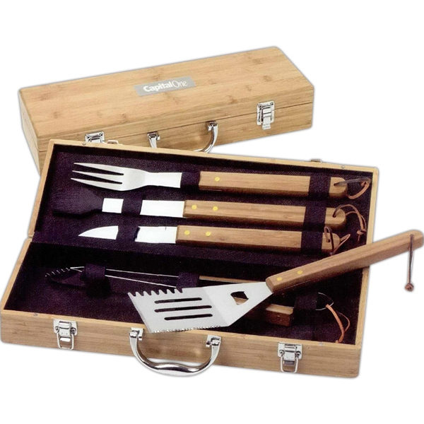 Canadian Manufactured 5 Piece Bamboo BBQ Sets, Customized With Your Logo!