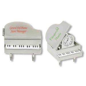 Piano Shaped Silver Metal Clocks, Custom Printed With Your Logo!