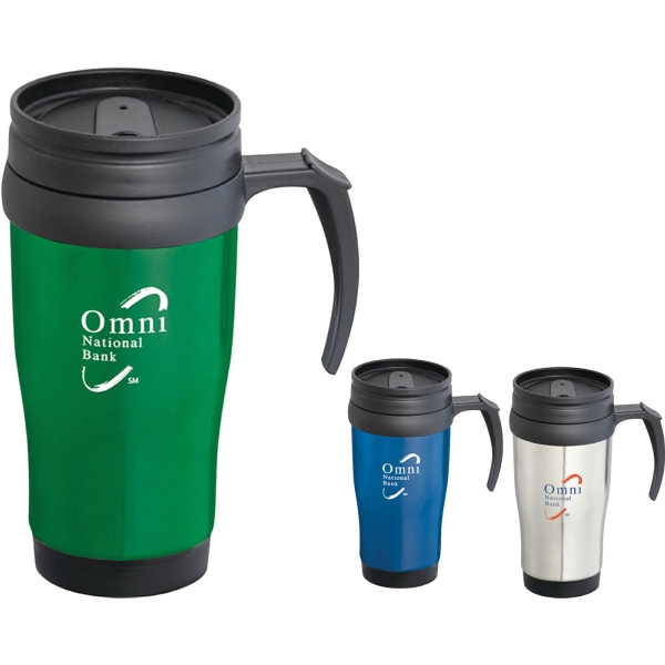 Stainless Steel with Handle and Plastic Liner Travel Mugs, Custom Imprinted With Your Logo!