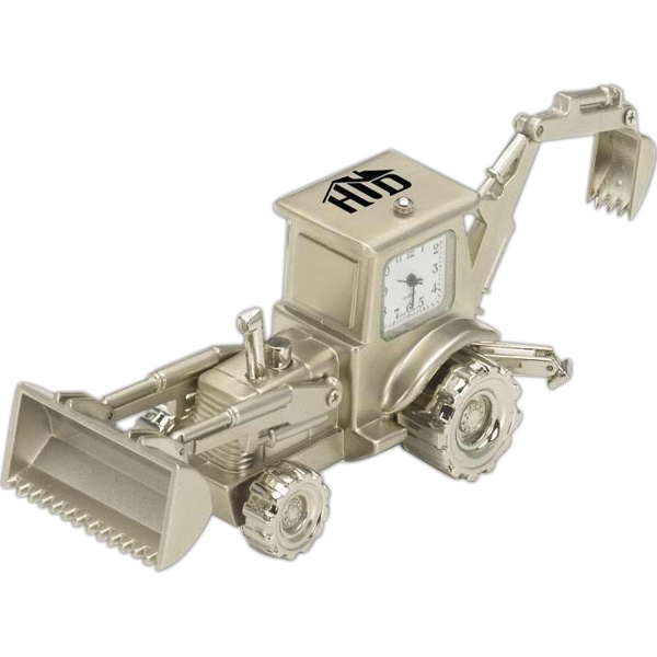 Backhoe Shaped Silver Metal Clocks, Custom Printed With Your Logo!